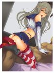  1girl aankau ass bad_id bad_pixiv_id cowgirl_position dutch_angle elbow_gloves from_side g-string gloves hands_on_another's_chest hetero implied_sex kantai_collection long_hair open_mouth panties rudder_shoes school_uniform serafuku shimakaze_(kantai_collection) skirt solo_focus straddling striped striped_legwear thighhighs thong underwear 