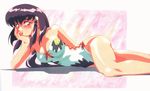  90s artist_request blush breasts chin_rest large_breasts long_hair lying masaki_aeka_jurai official_art on_side one-piece_swimsuit pink_background purple_hair red_eyes solo swimsuit tenchi_muyou! 