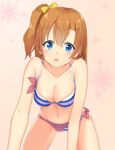  all_fours bikini blue_eyes blurry breasts brown_hair cleavage collarbone depth_of_field highres kousaka_honoka looking_at_viewer love_live! love_live!_school_idol_project medium_breasts navel one_side_up open_mouth reina_(leinqchqn) solo swimsuit 