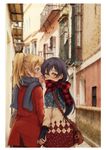  ayase_eli bag blonde_hair blue_eyes blue_hair blue_scarf coat highres holding_hands long_hair long_sleeves looking_back love_live! love_live!_school_idol_project multiple_girls plaid plaid_scarf ponytail red_coat scarf scrunchie shoulder_bag sonoda_umi suito whispering winter_clothes yellow_eyes yuri 