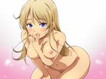  bent_over blonde_hair blue_eyes breasts copyright_request hairu long_hair medium_breasts navel nipples nude smile solo thighs 