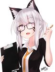 angry_num animal_ears artist_name cat_ears clipboard fang feena_(angry_num) glasses highres jacket necktie open_mouth original pen purple_eyes sidelocks solo upper_body white_hair 
