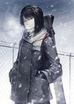  barbed_wire black_gloves black_hair bob_cut breath coat cold fence gakkou_no_kowai_uwasa:_hanako-san_ga_kita!! gloves hands_in_pockets hetza_(hellshock) looking_at_viewer original red_eyes scarf short_hair snow solo weapon_bag wind 