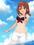  :d bikini_top blue_sky brown_eyes brown_hair cloud commentary cowboy_shot day groin hairband highres index_finger_raised kantai_collection looking_at_viewer navel open_mouth outdoors outstretched_arm red_hairband reina_(leinqchqn) shiratsuyu_(kantai_collection) shorts sky smile solo sunlight swimsuit wading 