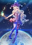  american_flag_dress american_flag_legwear blonde_hair breasts character_name clownpiece fire frilled_shirt_collar frills full_body hat jester_cap long_hair looking_at_viewer miyuki_ruria moon open_mouth pantyhose polka_dot purple_eyes short_sleeves small_breasts solo space star striped striped_legwear torch touhou 