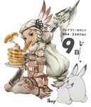  aimee_matchlock bodypaint braid bravely_default:_flying_fairy bravely_default_(series) bravely_second:_end_layer dark_skin eating food fork fringe_trim gun headdress holding holding_plate ikusy long_hair mouth_hold native_american native_american_headdress navel number official_art pancake plate red_eyes rifle sandals simple_background sitting solo wariza weapon white_background white_hair 