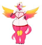  &lt;3 + averyshadydolphin big_breasts black_claws body_marks breasts claws cleavage clothed clothing dragon feet female heartlandraco horn looking_away nipples nurse nurse_uniform open_shirt pink_skin reptile scalie thermometer thick_thighs toes uniform unimpressed wide_hips wings yu-gi-oh 