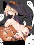  2015 angry_num black_panties blonde_hair blue_eyes blush breasts capelet covering covering_breasts demon_tail embarrassed ghost halloween happy_halloween hat highres jack-o'-lantern large_breasts panties sitting smile solo tail thighhighs torn_clothes torn_legwear underwear witch_hat 