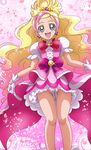  :d bare_legs blonde_hair bow cure_flora earrings eyebrows flower_earrings full_body gloves go!_princess_precure green_eyes hanzou haruno_haruka highres jewelry legs long_hair looking_at_viewer magical_girl multicolored_hair open_mouth petals pink_background pink_bow pink_skirt precure skirt smile solo sparkle streaked_hair thick_eyebrows two-tone_hair upskirt white_gloves 