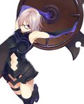  armor black_armor blue_gloves breasts elbow_gloves fate/grand_order fate_(series) glasses gloves hair_over_one_eye large_breasts looking_at_viewer mash_kyrielight navel purple_eyes purple_hair sasamori_tomoe shield short_hair simple_background solo white_background 