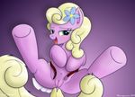  2016 bedroom_eyes blonde_hair bluemeganium blush dock earth_pony equine female feral flower flower_in_hair friendship_is_magic green_eyes hair half-closed_eyes horse looking_at_viewer lying mammal my_little_pony navel on_back plant pony presenting pussy seductive solo spread_legs spreading spring_forward_(mlp) tongue tongue_out underhoof 