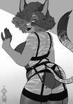  anthro areola bra breasts butt clothed clothing feline female garter hair hair_over_eye looking_back mammal monochrome nipples rinukitty skimpy slightly_chubby smile solo thick_thighs underwear 