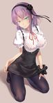  azomo black_legwear blue_eyes breasts dagashi_kashi flower hair_flower hair_ornament hairband highres kneeling large_breasts light_smile looking_at_viewer pantyhose purple_hair ribbon shidare_hotaru short_hair solo 