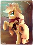  2013 abstract_background adlynh applejack_(mlp) blonde_hair cowboy_hat cutie_mark earth_pony equine female feral freckles friendship_is_magic fur green_eyes gun hair handgun hat hi_res horse lasso looking_at_viewer mammal my_little_pony orange_fur pistol pony ranged_weapon scar scarf smile solo weapon 