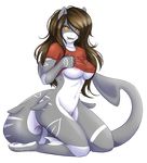  absurd_res anthro biting_lip bottomless breasts bubble_lee_(artist) clothed clothing female fish hair half-shirt hi_res kneeling looking_at_viewer marine markings nipple_slip shark sharp_teeth shirt shirt_lift solo teasing teeth under_boob 