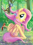  2014 adlynh avian bird blue_eyes bush cutie_mark equine feathered_wings feathers female feral flower fluttershy_(mlp) forest friendship_is_magic fur grass hair mammal my_little_pony outside pegasus pink_hair plant smile solo tree wings yellow_feathers yellow_fur 