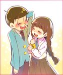  1girl bad_id bad_pixiv_id bangs blunt_bangs blush border braid brown_hair closed_eyes couple formal freckles hand_behind_head heart heart_in_mouth hetero juushimatsu's_girlfriend long_hair matsuno_juushimatsu mitsu_yomogi osomatsu-kun osomatsu-san pink_border short_hair skirt smile suit tearing_up tears wristband yellow_background 