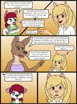  anthro canine cat clothing comic dog english_text feline hair husky kammypup kammypup_(artist) kangaroo mammal marsupial red_hair speech_bubble text 