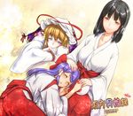  black_hair blonde_hair detached_sleeves ebiten_g-san gap hakurei_reimu hakurei_reimu_(pc-98) hand_on_another's_head hat hat_ribbon japanese_clothes lap_pillow long_hair looking_at_another miko mob_cap mother_and_daughter multiple_girls purple_eyes ribbon sendai_hakurei_no_miko sleeping smile touhou touhou_(pc-98) yakumo_yukari yellow_eyes 