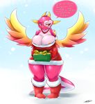  &lt;3 averyshadydolphin big_breasts blush boots breasts christmas clothing dialogue dragon dress feet female footwear gift gloves heart_body_mark heartlandraco holidays pink_skin red_boots red_dress red_eyes red_gloves reptile scalie snow snowing speech_bubble star star_body_mark text thick_thighs tsundere wide_hips wings yu-gi-oh 