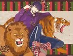  animal bad_id bad_twitter_id black_hair boots cigarette cross-laced_footwear esper_nyanko hood hoodie lion male_focus matsuno_ichimatsu messy_hair osomatsu-kun osomatsu-san sitting smoke smoking solo tiger twitter_username yellow_eyes 