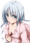  blush collarbone downblouse green_eyes konpaku_youmu konpaku_youmu_(ghost) no_bra no_hairband nori_tamago open_collar silver_hair solo touhou 