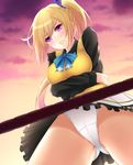  ass_visible_through_thighs black_shirt black_skirt blonde_hair blue_bow blue_neckwear blush bow bowtie breasts cameltoe cloud crotch_seam frilled_skirt frills from_above frown hair_ribbon healther kawakami_mai large_breasts limbo long_sleeves looking_down mole mole_under_eye musaigen_no_phantom_world orange_sky outdoors partially_visible_vulva purple_eyes ribbon rope shirt short_hair side_ponytail skirt sky sleeves_folded_up solo standing sunset sweat sweatdrop sweater_vest tsurime upskirt wavy_mouth wind 