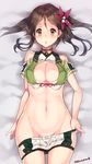  :o amagi_(kantai_collection) bare_shoulders blush breasts brown_eyes brown_hair cleavage cleavage_cutout crop_top duplicate flower groin hair_flower hair_ornament highres kantai_collection kuro_chairo_no_neko large_breasts long_hair looking_at_viewer lying mole mole_under_eye navel no_panties on_back pulled_by_self skirt solo twitter_username 