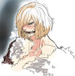  angry blonde_hair blue_eyes collarbone dental_gag fur gag heavy_breathing highres juri_(metal666) saliva saliva_trail short_hair solo tears teeth 