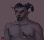  black_hair dragon_age ear_piercing facial_piercing freckles hair horn humanoid lip_piercing makeup male muscular mutisija not_furry piercing qunari red_eyes scar solo stubble tattoo unfinished video_games 