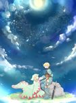  1girl armor blonde_hair boots braid chara_po cloak field final_fantasy final_fantasy_tactics gauntlets gloves grass hood hooded_cloak long_hair night night_sky outdoors plant ramza_beoulve robe rock scabbard sheath shoulder_pads sky star_(sky) starry_sky sword weapon white_mage white_mage_(fft) 