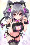  animal_ears bell bell_choker black_panties blush bow breasts cat_cutout cat_ear_panties cat_ears cat_lingerie cat_tail choker cleavage cleavage_cutout garters green_hair hairband idolmaster idolmaster_cinderella_girls jingle_bell kanzaki_ranko large_breasts looking_at_viewer meme_attire nail_polish navel panties parted_lips paw_pose red_eyes side-tie_panties solo tail tail_bow thighhighs twintails underwear urabi_(tomatohouse) wrist_cuffs wristband 