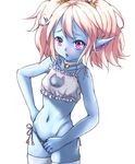  bell blue_skin blush breasts cat_cutout cat_ear_panties cat_lingerie cleavage_cutout commentary jingle_bell league_of_legends meme_attire midriff nakatokung navel panties pointy_ears poppy purple_eyes side-tie_panties small_breasts solo twintails underwear white_hair yordle 