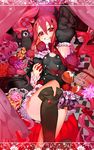  apple arukanu black_dress black_legwear boots choker cup curtains detached_sleeves dress drinking_glass fangs food fruit grin krul_tepes long_hair looking_at_viewer owari_no_seraph petals pink_hair pointy_ears red_eyes smile thigh_boots thighhighs two_side_up vampire very_long_hair wine_glass yukisaki_mayui 
