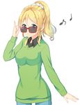  adjusting_eyewear ayase_eli blonde_hair blue_eyes eighth_note long_sleeves looking_at_viewer looking_over_eyewear love_live! love_live!_school_idol_project musical_note ponytail quarter_note red-framed_eyewear reina_(leinqchqn) simple_background smile solo sunglasses sweater white_background 