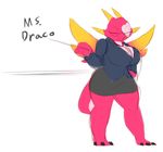  &lt;3 averyshadydolphin big_breasts black_claws breasts claws cleavage clothed clothing dragon dress elbows eyes_closed eyewear feet female fingers glasses heartlandraco horn invalid_tag pink_skin reptile scalie solo teachers text thick_thighs wide_hips wings 