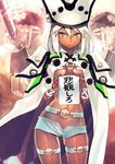  belt beltbra breasts cape dark_skin guilty_gear guilty_gear_xrd hair_between_eyes hat highres holding holding_paper long_hair paper ramlethal_valentine short_shorts shorts small_breasts solo subachi thigh_strap underboob white_hair yellow_eyes 