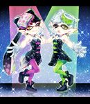  2girls aori_(splatoon) black_dress black_hair brown_eyes commentary_request detached_collar domino_mask dress earrings fang food food_on_head full_body gloves green_legwear grey_hair hand_on_own_face hotaru_(splatoon) jewelry leg_up long_hair looking_at_viewer mask mole mole_under_eye multiple_girls object_on_head open_mouth pantyhose pointy_ears purple_legwear shoes short_dress short_jumpsuit smile sparkle splatoon_(series) splatoon_1 spotlight standing strapless strapless_dress symmetrical_pose tentacle_hair washi_(micino) white_gloves 