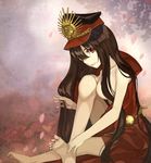  bad_feet bad_id bad_pixiv_id barefoot black_hair breasts brown_hair cape cleavage family_crest fate_(series) feet hair_censor hair_over_breasts hat highres knee_to_chest knee_up koha-ace long_hair looking_at_viewer medea@nae medium_breasts naked_cape oda_nobunaga_(fate) oda_uri petals red_eyes revision sitting smile solo 