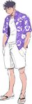  black_hair cargo_shorts denzou_(50021106) full_body hands_in_pockets hawaiian_shirt jitome male_focus matsuno_ichimatsu messy_hair open_clothes open_shirt osomatsu-kun osomatsu-san sandals shirt shorts simple_background solo white_background white_shorts 