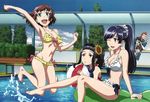  3girls :d :o ;d alternate_hairstyle ball barefoot beachball bikini black_hair breasts brown_hair camera cleavage flower frilled_bikini frills glasses green_eyes hair_flower hair_ornament highres inflatable_raft jumping kakumeiki_valvrave long_hair medium_breasts multiple_boys multiple_girls navel nobi_marie official_art one_eye_closed open_mouth orange_hair otamaya_yuusuke peeking_out ponytail pool purple_eyes purple_hair red_eyes rukino_saki sashinami_shouko scan school_uniform shiny shiny_skin short_hair sitting smile sunflower swimsuit tamura_satomi thumbs_up tokishima_haruto water yamada_raizou 