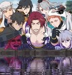  black_gloves black_hair blue_eyes doudanuki_masakuni gloves hat headdress honebami_toushirou hood ima-no-tsurugi iwatooshi izumi-no-kami_kanesada japanese_clothes jigoku_meguri male_focus multiple_boys open_mouth orange_eyes orange_hair pectorals purple_eyes red_eyes red_hair reflection scar tokin_hat tonbokiri_(touken_ranbu) touken_ranbu water white_gloves white_hair yamabushi_kunihiro yellow_eyes 