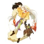  1girl age_difference baggy_pants barefoot full_body highres holding hug inuyasha jaken japanese_clothes kimono long_hair pants pointy_ears rin_(inuyasha) sesshoumaru unmoving_pattern very_long_hair white_background wide_sleeves yamato_(700021) yukata 