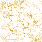  ahoge artist_name asymmetrical_legwear breasts cape cleavage copyright_name fingerless_gloves gloves h-new lineart long_hair medium_breasts monochrome open_mouth over-kneehighs puffy_short_sleeves puffy_sleeves punching rwby short_sleeves signature smile solo thighhighs vambraces waist_cape wavy_hair yang_xiao_long yellow 