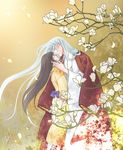  1girl branch brown_hair closed_eyes couple flower hetero imminent_kiss inuyasha japanese_clothes kimono long_hair magnolia older pointy_ears rin_(inuyasha) sesshoumaru signature tokiko_(psychopomp) very_long_hair white_hair 