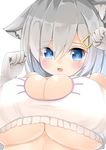  :d alternate_costume animal_ears blue_eyes blush breasts cat_cutout cat_ears cat_lingerie cleavage_cutout eyes_visible_through_hair fang frills gloves hair_ornament hairclip hamakaze_(kantai_collection) hidaka0503 highres kantai_collection kemonomimi_mode large_breasts looking_at_viewer meme_attire open_mouth silver_hair smile solo tears underboob underwear underwear_only upper_body white_background white_gloves 