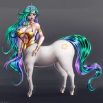  2015 armlet big_breasts blue_hair bracelet breasts centaur cleavage clothed clothing cutie_mark equine equine_taur female friendship_is_magic fur green_hair hair hooves horn jewelry long_hair makeup mammal multicolored_hair my_little_pony nails navel necklace pink_eyes pink_hair princess_celestia_(mlp) purple_lips re-enn ring side_boob skimpy solo standing taur under_boob unicorn white_fur 