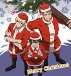  aqua_eyes black_hair blonde_hair blue_eyes blue_hair christmas christmas_ornaments christmas_tree crossed_arms grin hat horikawa_kunihiro jigoku_meguri male_focus merry_christmas multiple_boys open_mouth red_eyes santa_costume santa_hat smile snowflakes touken_ranbu yamabushi_kunihiro yamanbagiri_kunihiro 