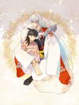  1girl armor barefoot black_hair closed_eyes cugini full_body fur_trim inuyasha japanese_clothes kimono long_hair pointy_ears rin_(inuyasha) sesshoumaru short_sidetail sitting smile sword unmoving_pattern very_long_hair weapon white_hair wide_sleeves yukata 