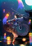  afloat_lantern architecture bad_id bad_pixiv_id black_hair cheongsachorong east_asian_architecture fantasy full_moon hair_bun hair_ornament hair_slicked_back hair_stick hairband hanbok highres holding_lantern korean_clothes lake lantern light_smile long_sleeves michael.r moon night night_sky original outdoors outstretched_arms parted_lips profile red_footwear reflection sky sky_lantern solo standing standing_on_liquid standing_on_one_leg star_(sky) starry_sky tassel water 